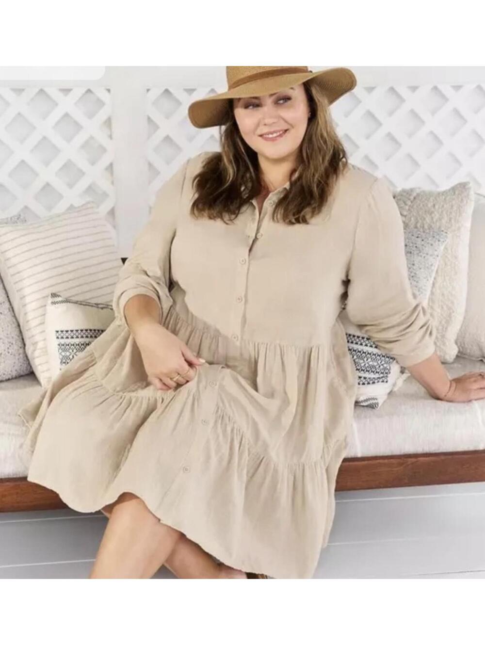 NWT TORRID Belle Isle Poplin Cotton Beige Feather Grey Shirt Dress SZ 3X 22/24